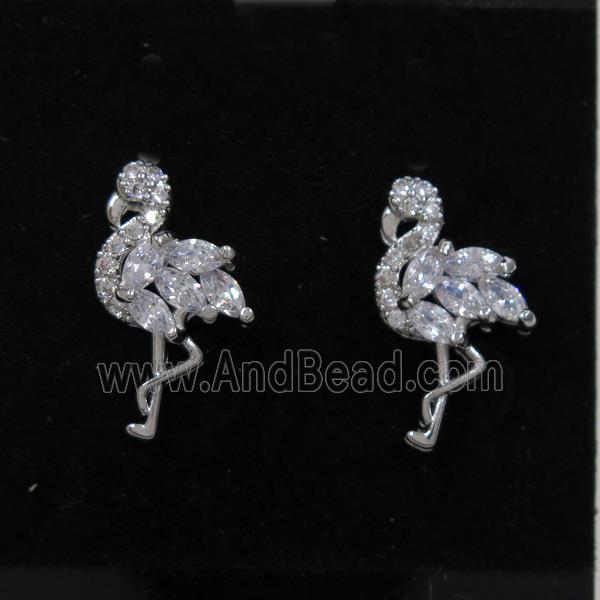 copper crane earring studs paved zircon, platinum plated