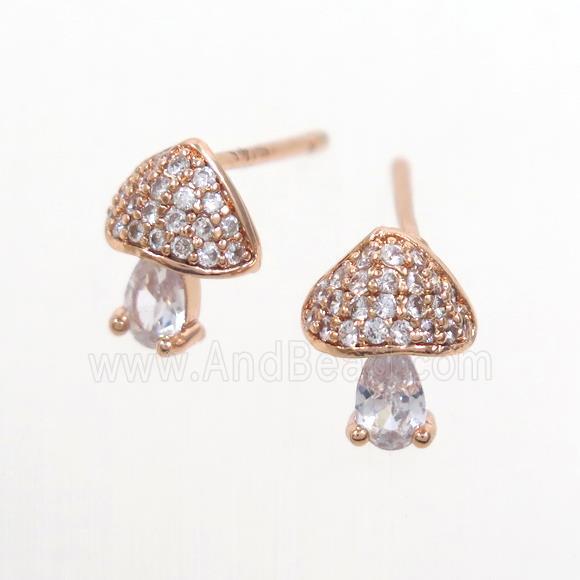 Copper Mushroom Stud Earring Pave Zircon Rose Gold