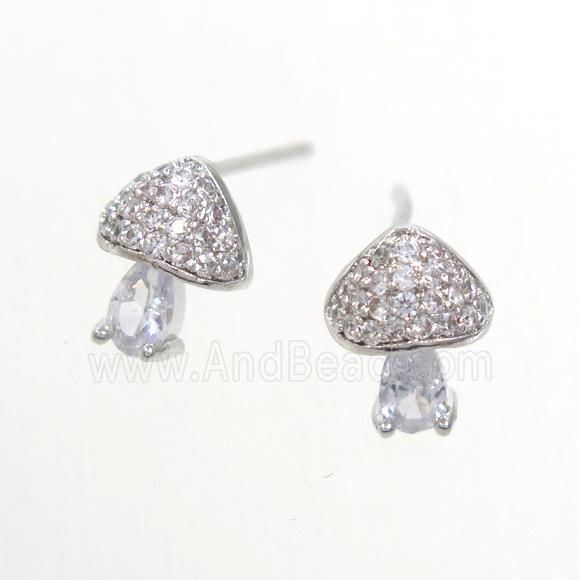 Copper Mushroom Stud Earring Pave Zircon Platinum Plated