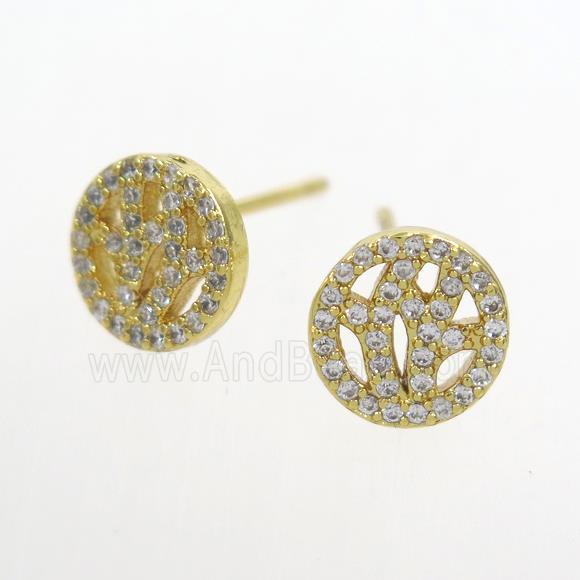 copper earring stud paved zircon, gold plated