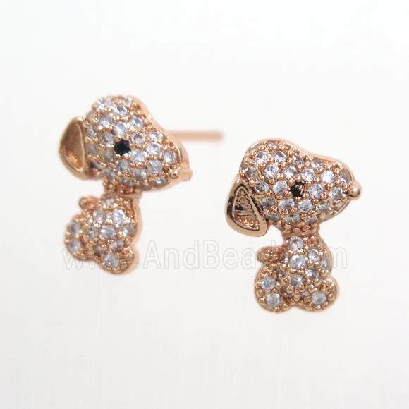 copper dog Earring stud paved zircon, rose gold