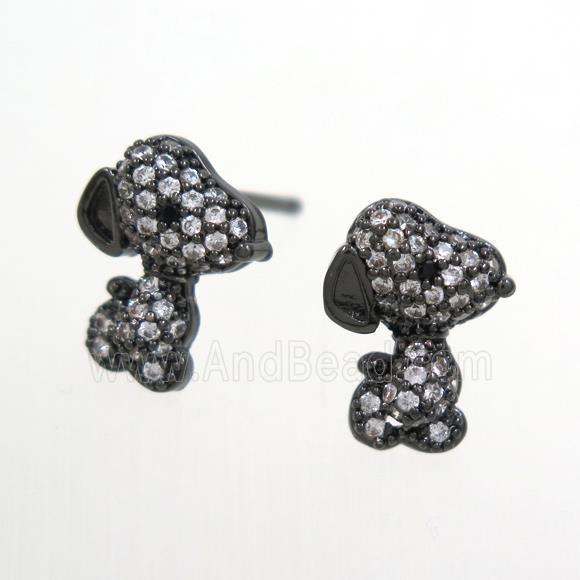 copper dog Earring stud paved zircon, black plated