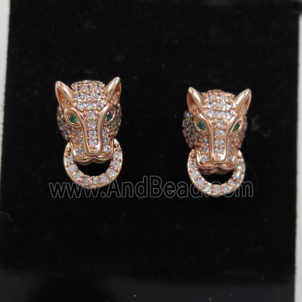 copper wolfhead earring stud paved zircon, rose gold