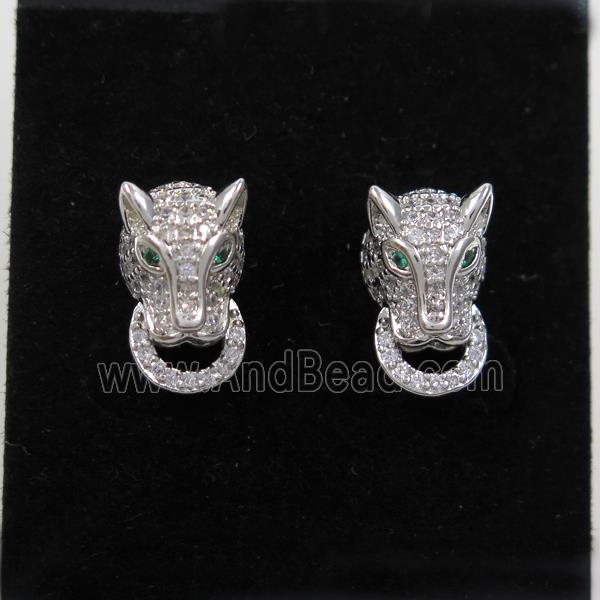 copper wolfhead earring stud paved zircon, platinum plated