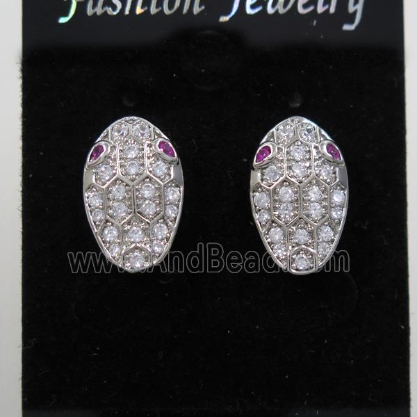 copper snakehead earring studs paved zircon, platinum plated