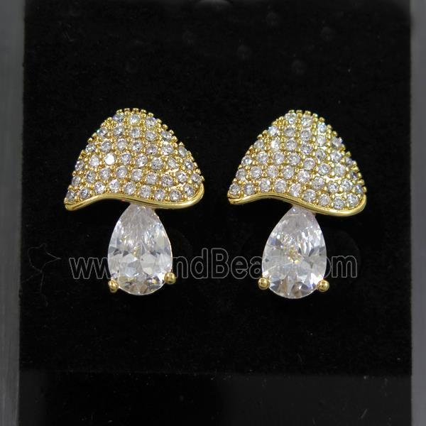 Copper Mushroom Stud Earring Pave Zircon Gold Plated