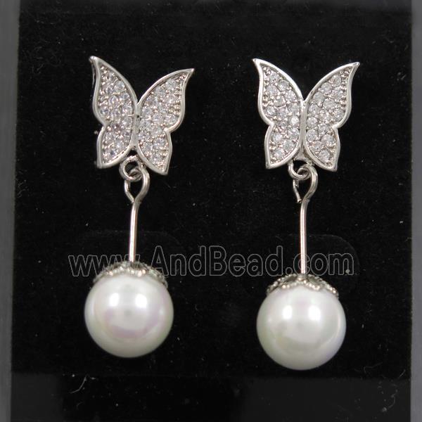 copper butterfly earring paved zircon with pearlized shell, platinum plated