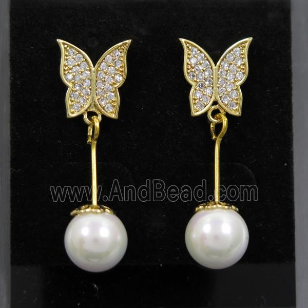copper butterfly earring paved zircon with pearlized shell, gold plated
