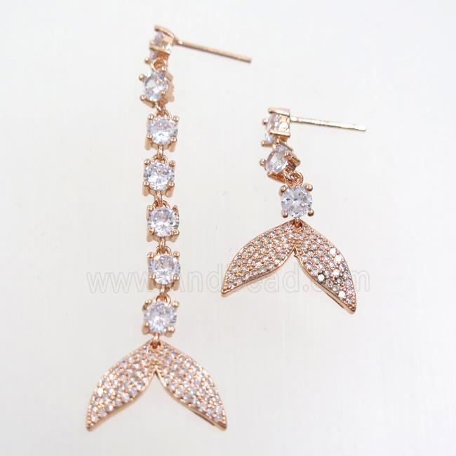 copper earring paved zircon with sharktail, rose gold