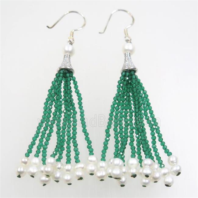 copper earring paved zircon with green crystal glass tassel