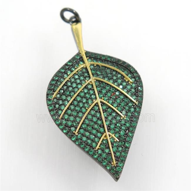 copper leaf pendant paved green zircon, gold plated, black backing