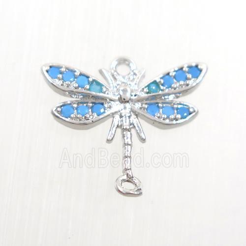 copper dragonfly connector paved zircon, turq, platinum plated