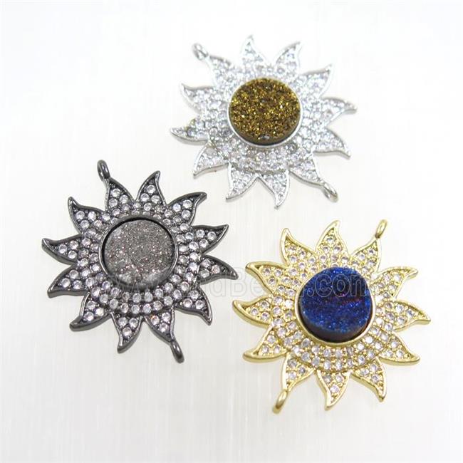 copper sunflower connector paved zircon with druzy, mix color