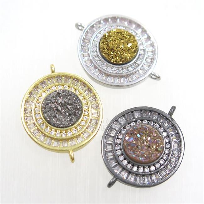 copper circle connector paved zircon with druzy, mix color