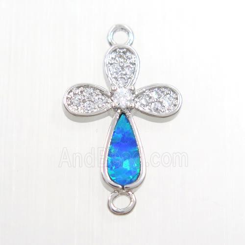 copper cross connector paved zircon with fired opal, platinum plated