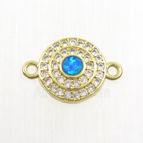 copper circle connector paved zircon with fire opal, gold plated
