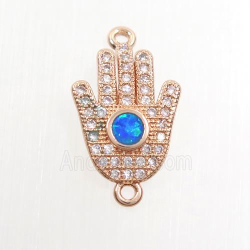 copper hamsahand connector paved zircon with fire opal, rose gold