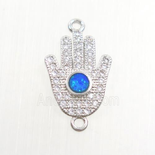 copper hamsahand connector paved zircon with fire opal, platinum plated