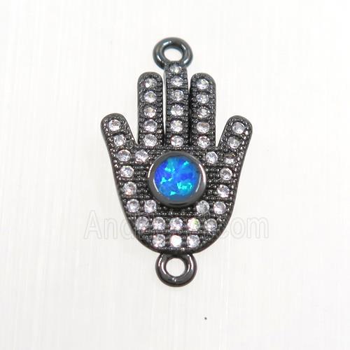 copper hamsahand connector paved zircon with fire opal, black plated