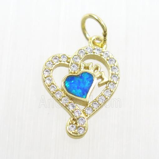 copper heart pendant paved zircon with fire opal, gold plated