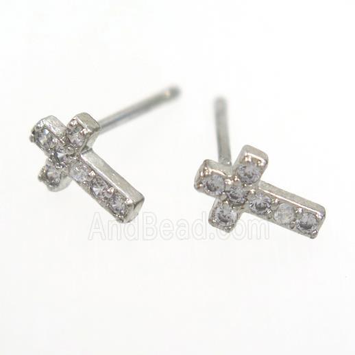 copper cross Earring paved zircon, platinum plated