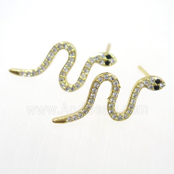 copper snake earring paved zircon, gold plated