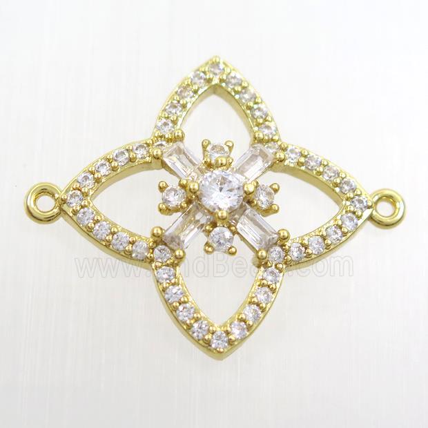 copper clover connector paved zircon, gold plated