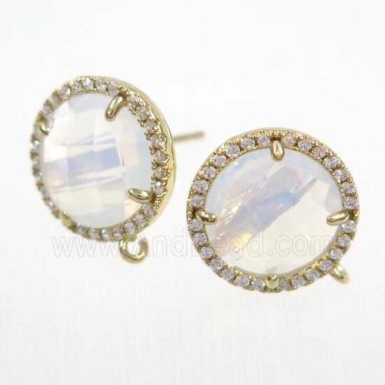 copper earring paved zircon with white glass opalite