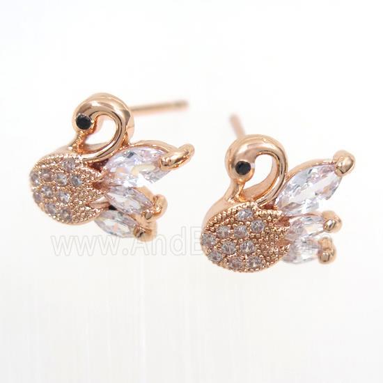 copper swan earring studs paved zircon, rose gold