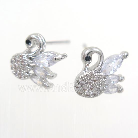 copper swan earring studs paved zircon, platinum plated