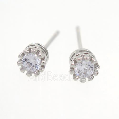 copper earring studs paved zircon, platinum plated