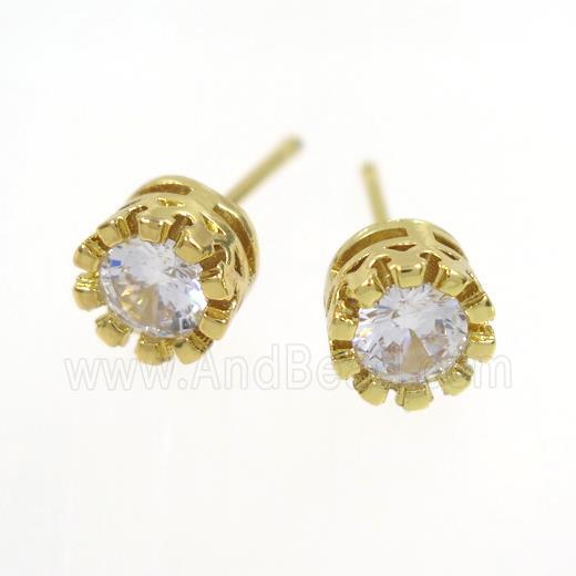 copper earring studs paved zircon, gold plated