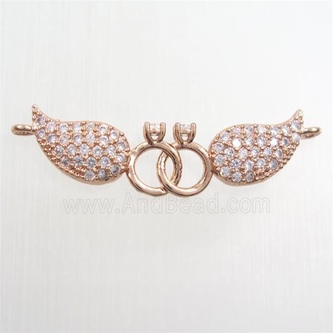 copper pendant paved zircon, angel wing, rose gold