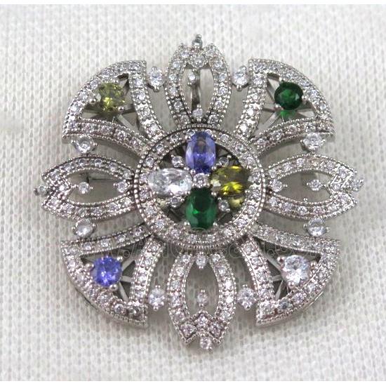 copper brooch paved zircon, platinum plated