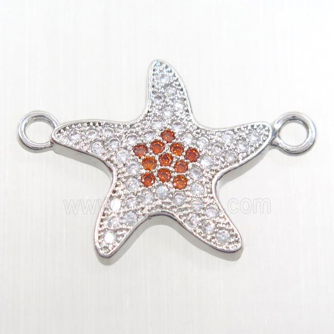 copper starfish pendant paved zircon, platinum plated