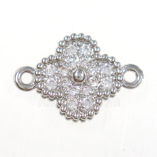 copper clover connector paved zircon, platinum plated