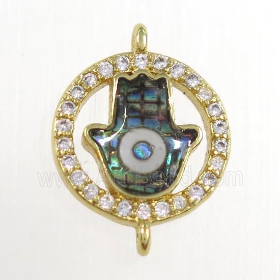 copper hamsahand connector paved zircon with abalone evil eye, gold plated