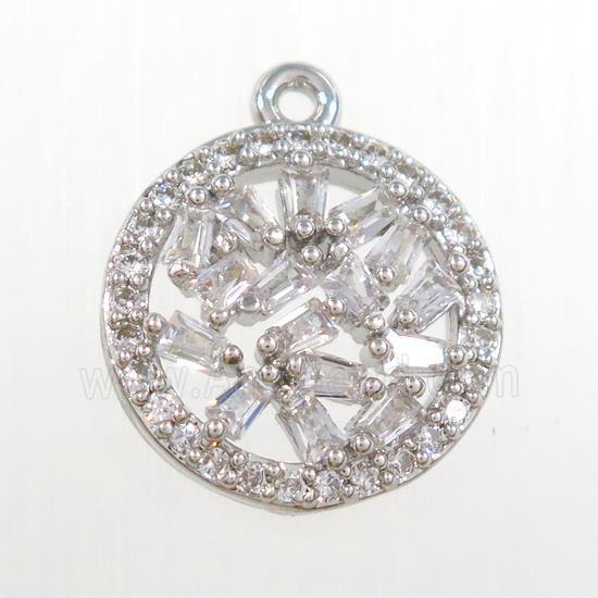 copper circle pendant paved zircon, platinum plated