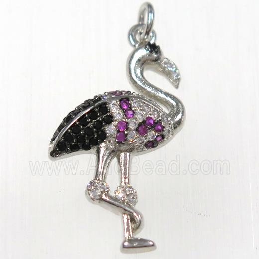 copper crane pendants paved zircon, platinum plated