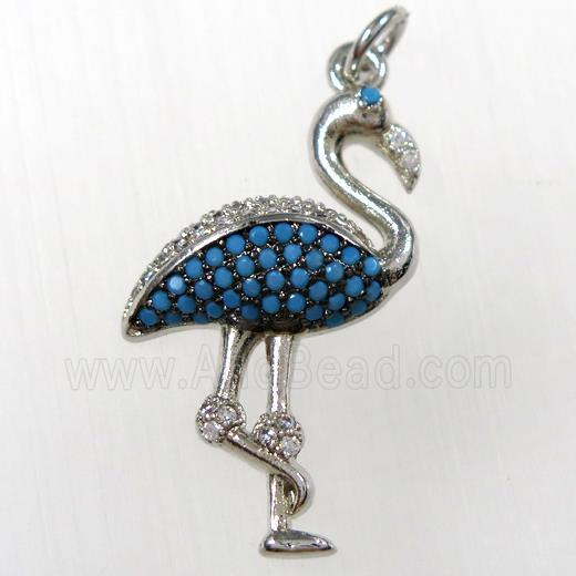 copper crane pendants paved zircon, turq, platinum plated