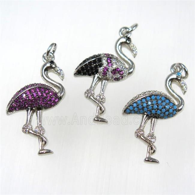 copper crane pendants paved zircon, platinum plated, mixed