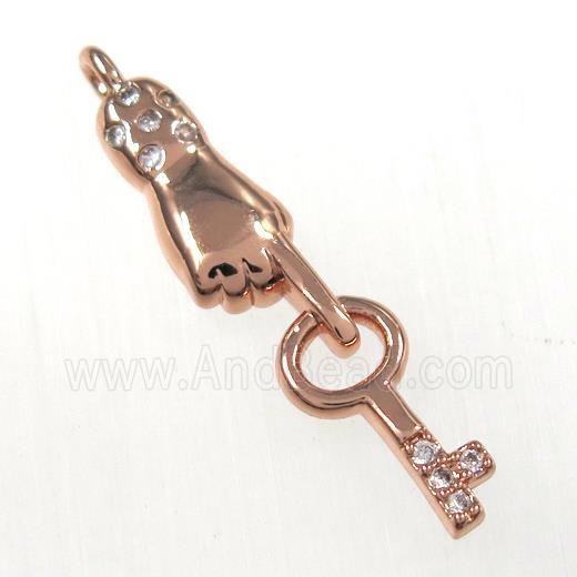 copper handkey pendants paved zircon, rose gold