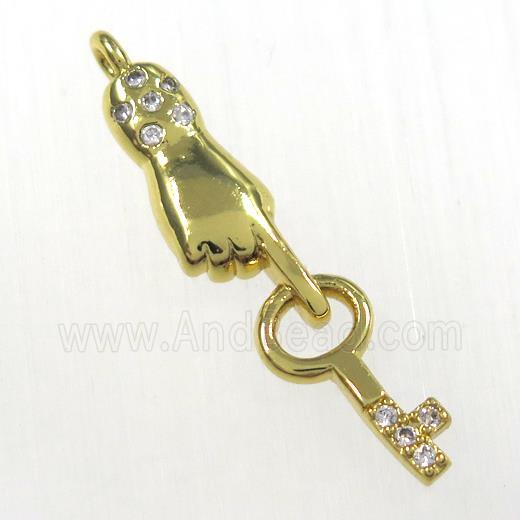 copper handkey pendants paved zircon, gold plated
