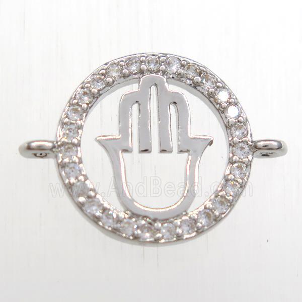 copper hamsahand connector paved zircon, platinum plated