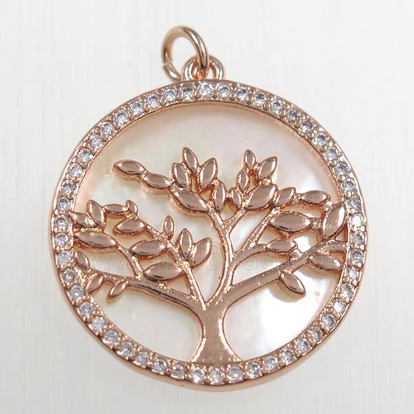 copper circle pendant paved zircon, tree of life, rose gold