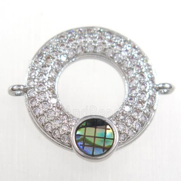 copper donut connector paved zircon with abalone shell, platinum plated
