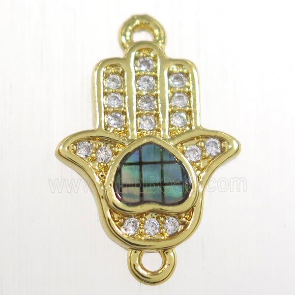 copper hamsahand connector paved zircon with abalone shell, gold plated