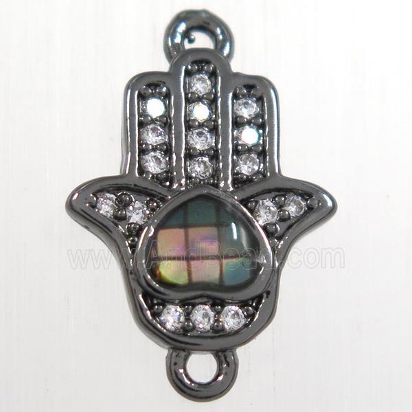 copper hamsahand connector paved zircon with abalone shell, black plated
