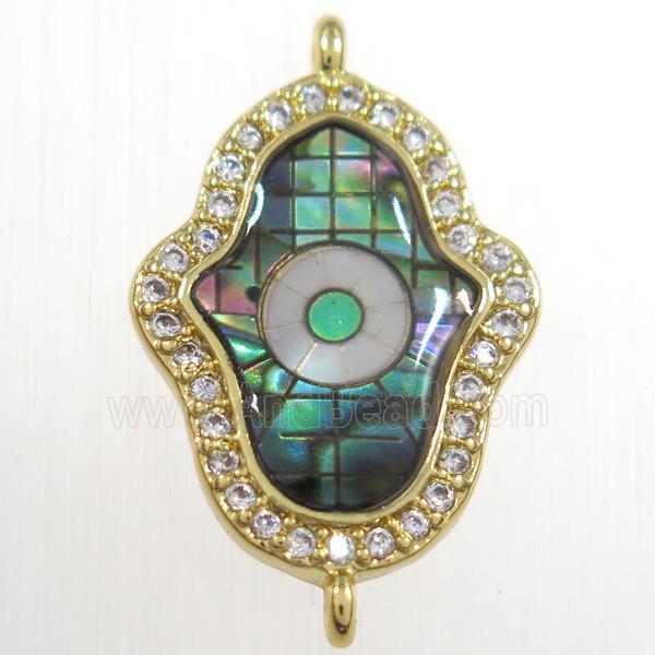 copper hamsahand connector paved zircon with abalone shell, gold plated