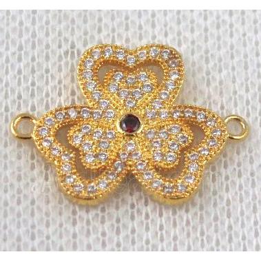 copper Clover connector paved zircon, gold plated